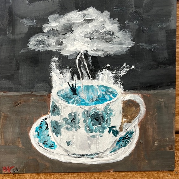 “Tempest in a Teacup”. Acrylic Painting in Canvas Board unframed 6x6 - Picture 2 of 3